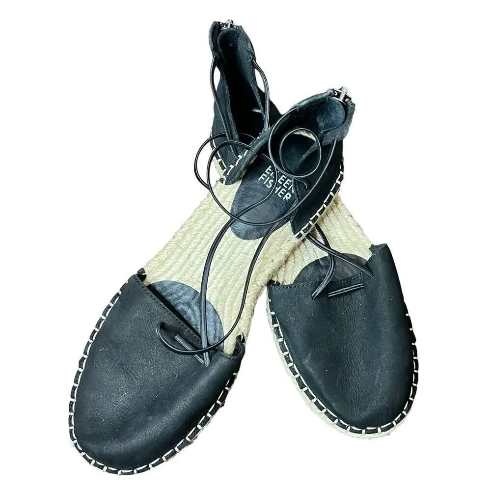 Eileen Fisher Lee Espadrille Flats in Black Leather NWOB Size 6